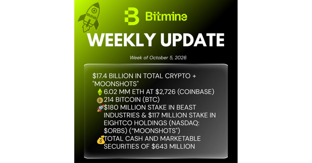Bitmine Immersion Technologies (BMNR) Announces ETH Holdings Reach 6.02 Million Tokens, and Total Crypto and Total Cash & Marketable Securities Holdings of $17.4 Billion Bitmine Immersion Technologies (BMNR) Announces ETH Holdings Reach 6.02 Million