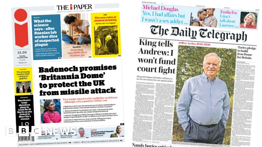 Newspaper headlines: Badenoch's 'Britannia Dome' and 'King tells Andrew 'I won't fund court fight'' – BBC Newspaper headlines: Badenoch's 'Britannia Dome' and 'King tells Andrew 'I