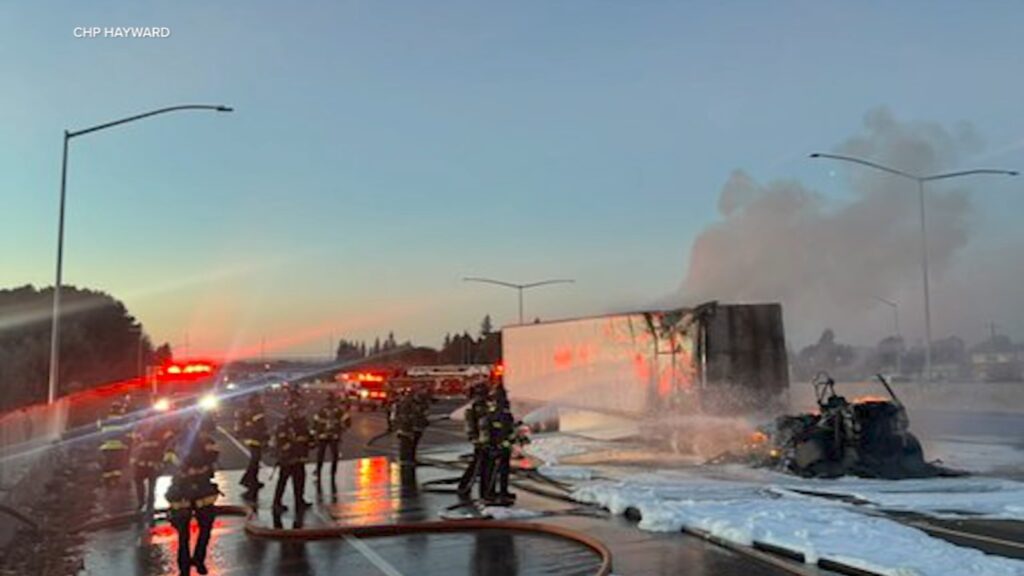 Tesla semi truck bursts into flames, shuts down I 880 in Hayward